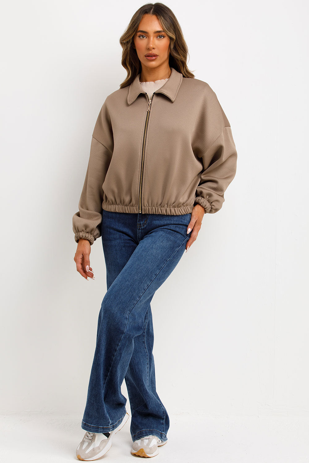Puffed Bomber Jacket with Collar and Zip Taupe | Xtralitty