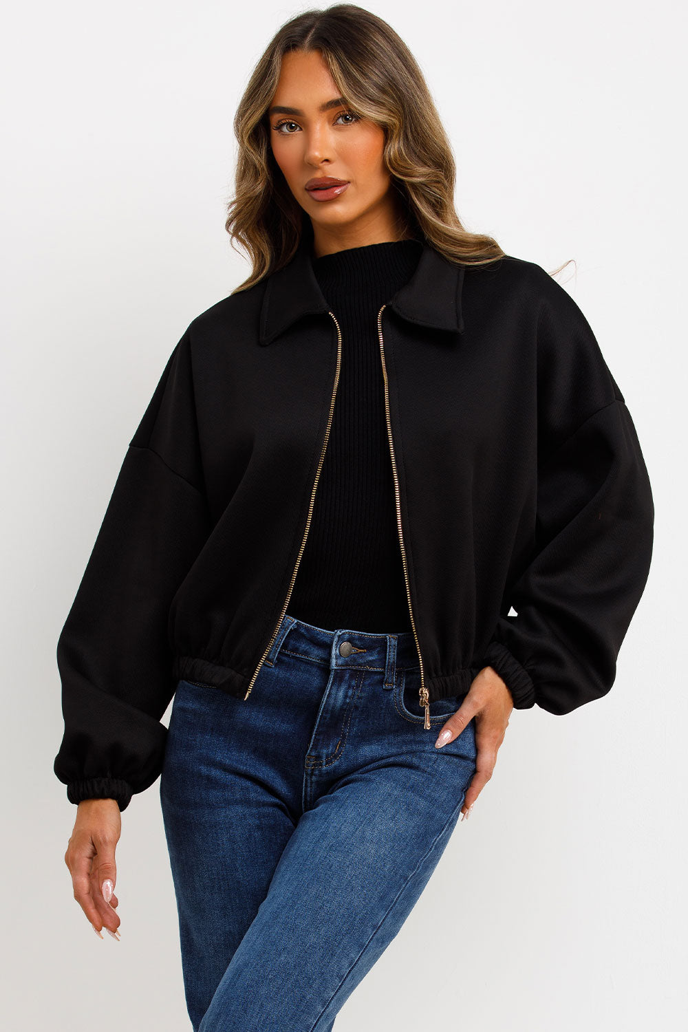 Puffed Bomber Jacket with Collar and Zip Black | Xtralitty