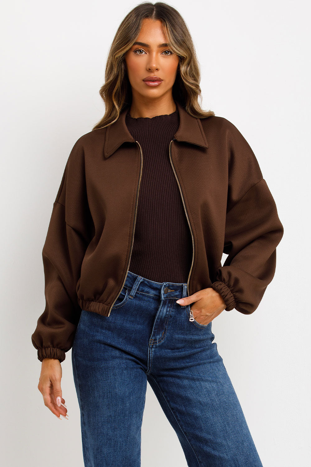 Puffed Bomber Jacket with Collar and Zip Brown | Xtralitty