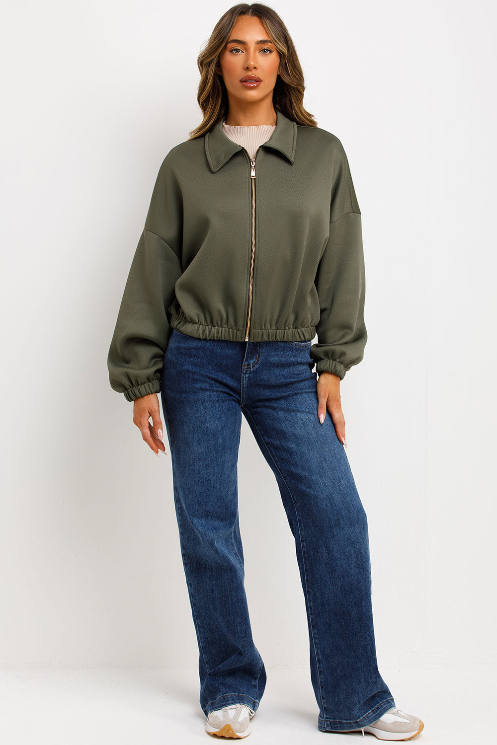 Puffed Bomber Jacket with Collar and Zip Khaki | Xtralitty