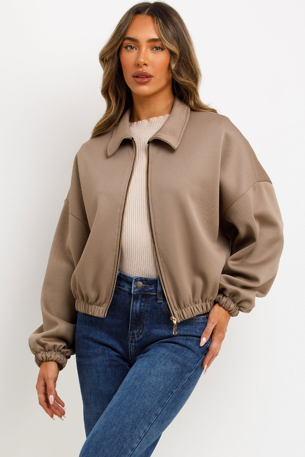 Puffed Bomber Jacket with Collar and Zip Taupe | Xtralitty
