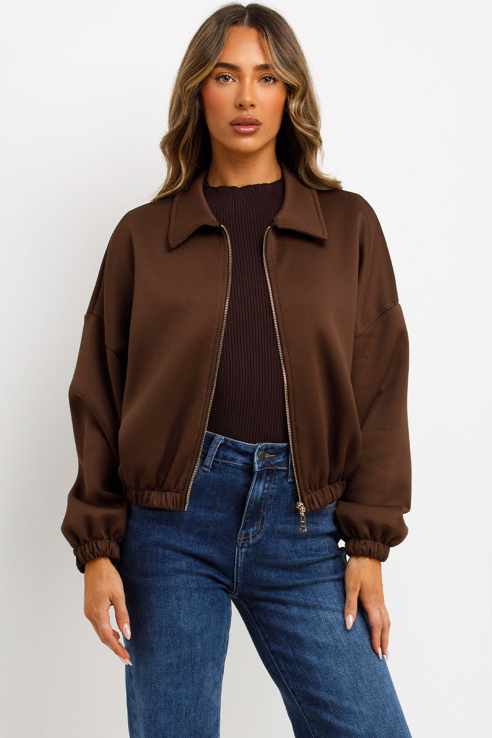 Puffed Bomber Jacket with Collar and Zip Brown | Xtralitty