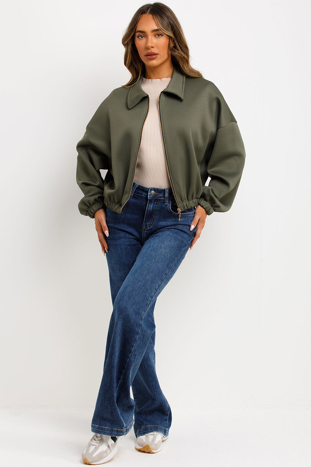 Puffed Bomber Jacket with Collar and Zip Khaki | Xtralitty