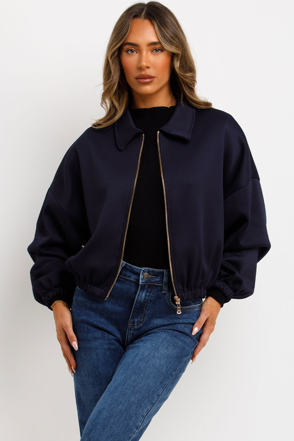 Puffed Bomber Jacket with Collar and Zip Navy | Xtralitty