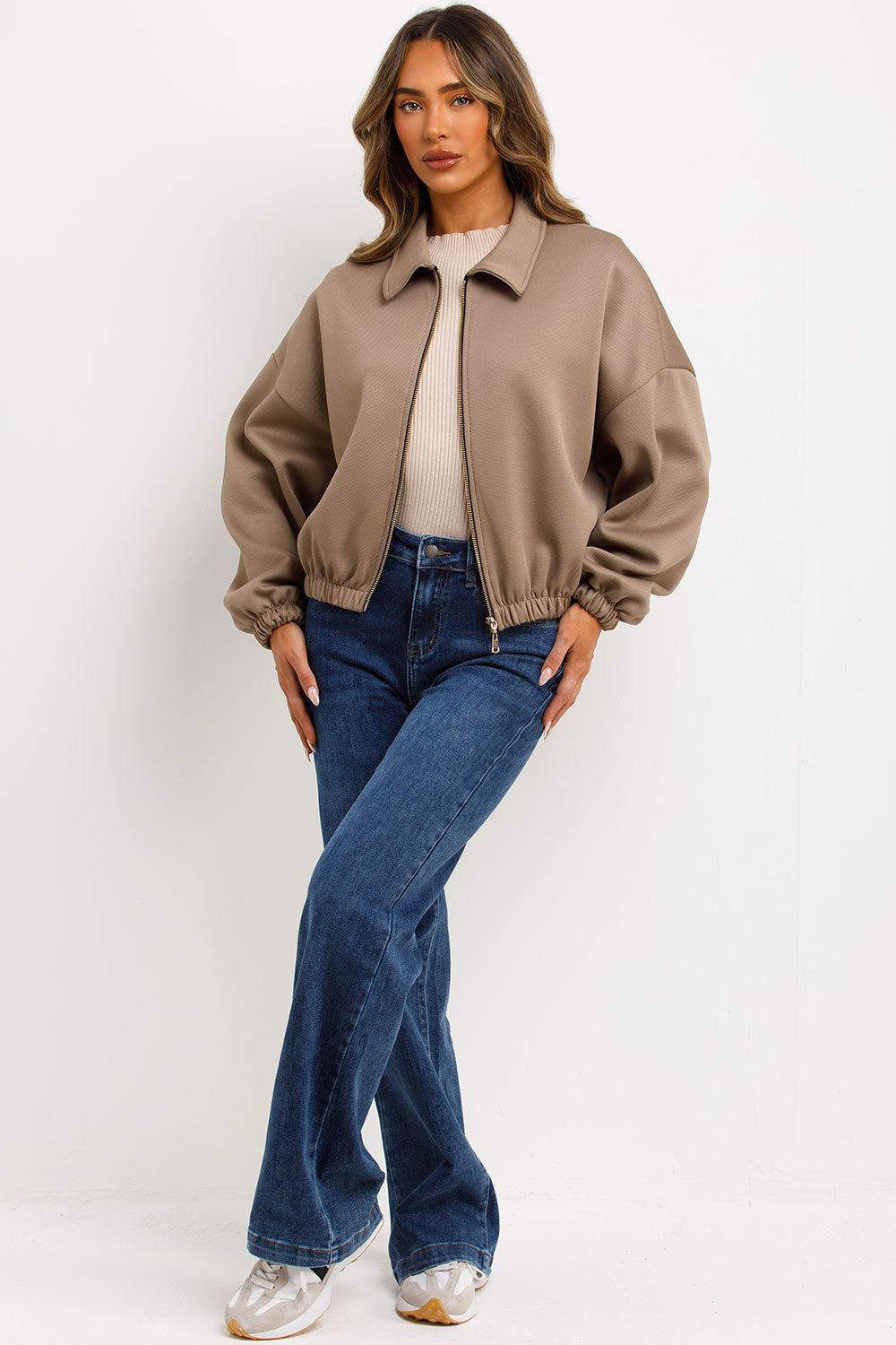 Puffed Bomber Jacket with Collar and Zip Taupe | Xtralitty