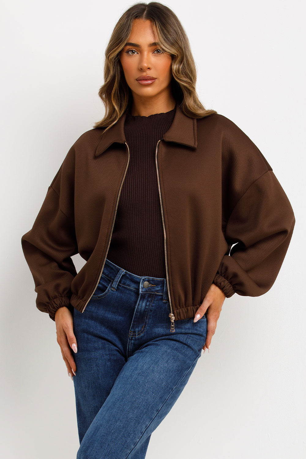 Puffed Bomber Jacket with Collar and Zip Brown | Xtralitty