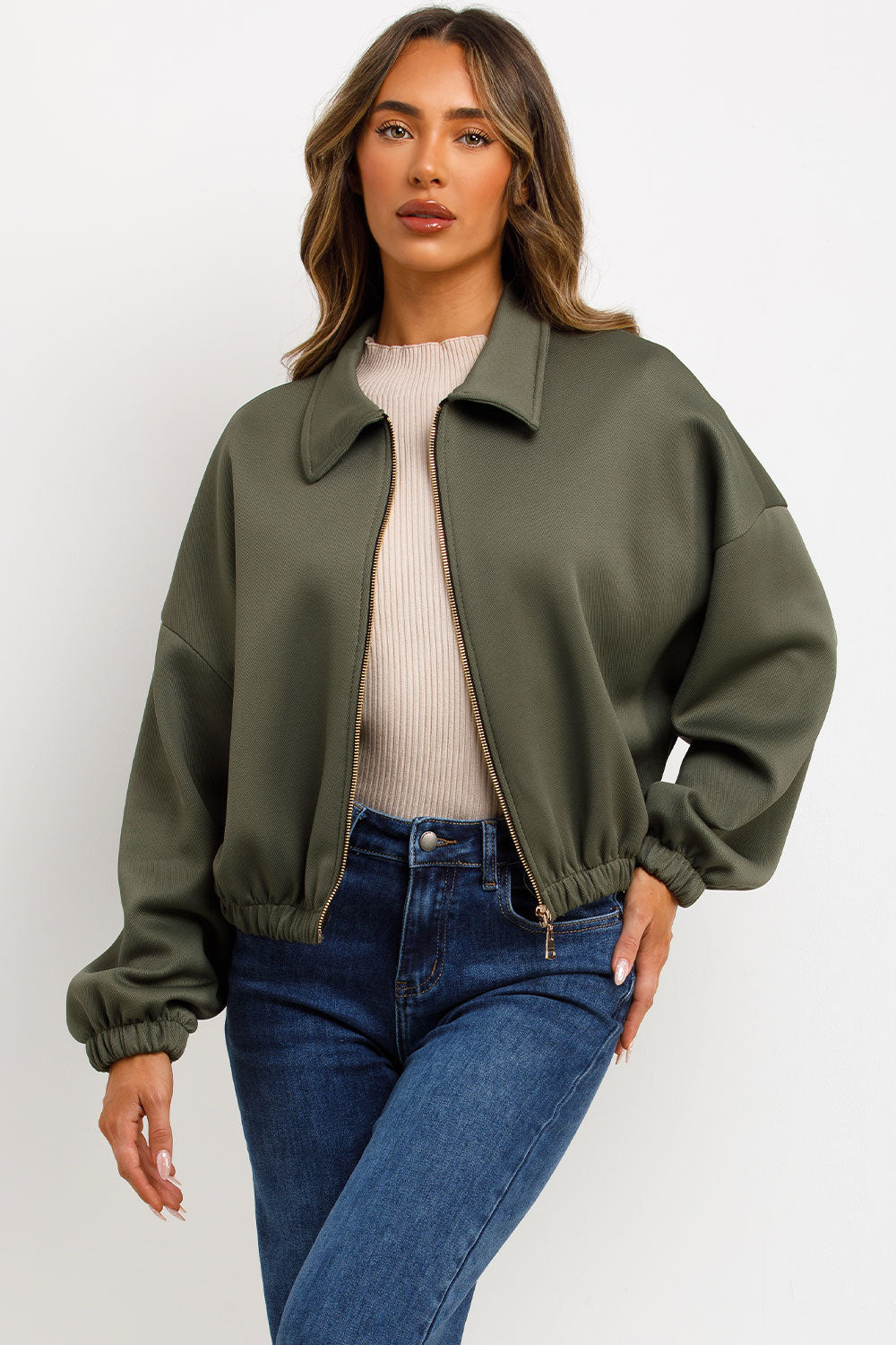 Puffed Bomber Jacket with Collar and Zip Khaki | Xtralitty
