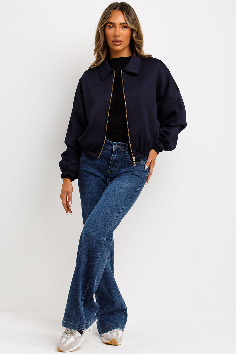 Puffed Bomber Jacket with Collar and Zip Navy | Xtralitty