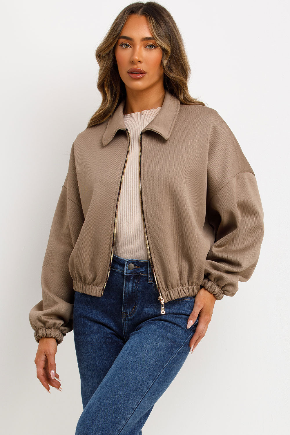 Puffed Bomber Jacket with Collar and Zip Taupe | Xtralitty
