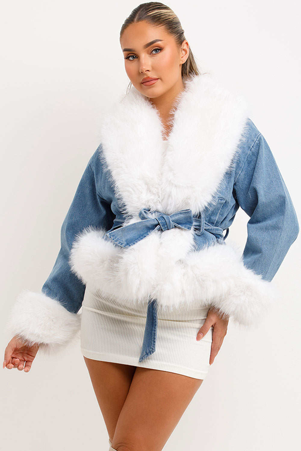White Fur Denim Jacket with Belt | Xtralitty