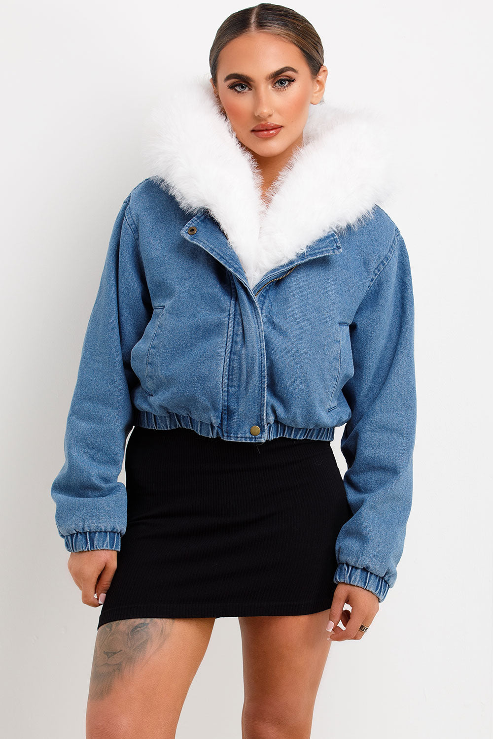 Denim Bomber Jacket with White Faux Fur Hood and | Xtralitty