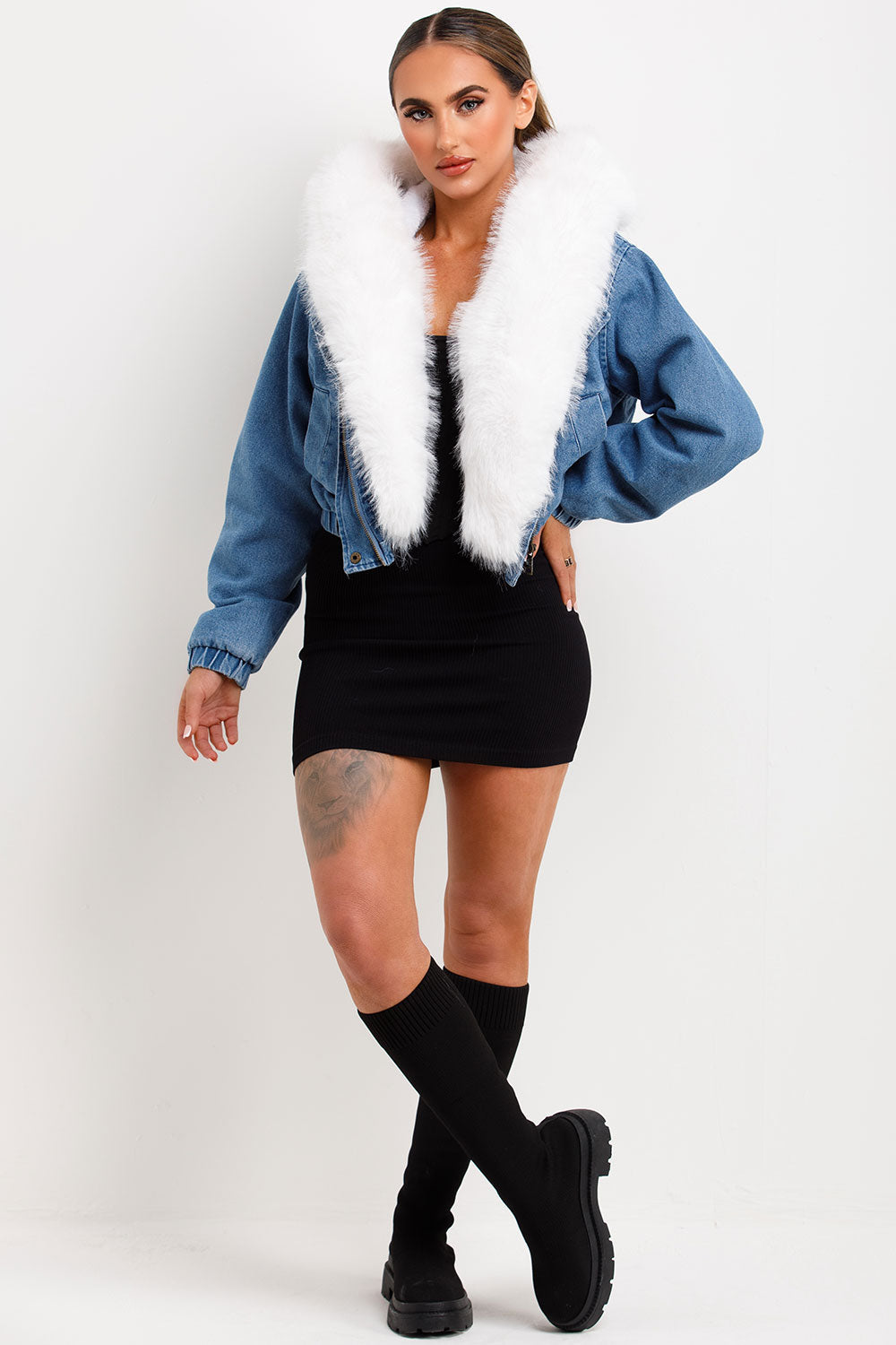 Denim Bomber Jacket with White Faux Fur Hood and | Xtralitty