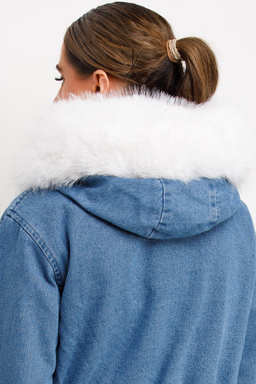 Denim Bomber Jacket with White Faux Fur Hood and | Xtralitty
