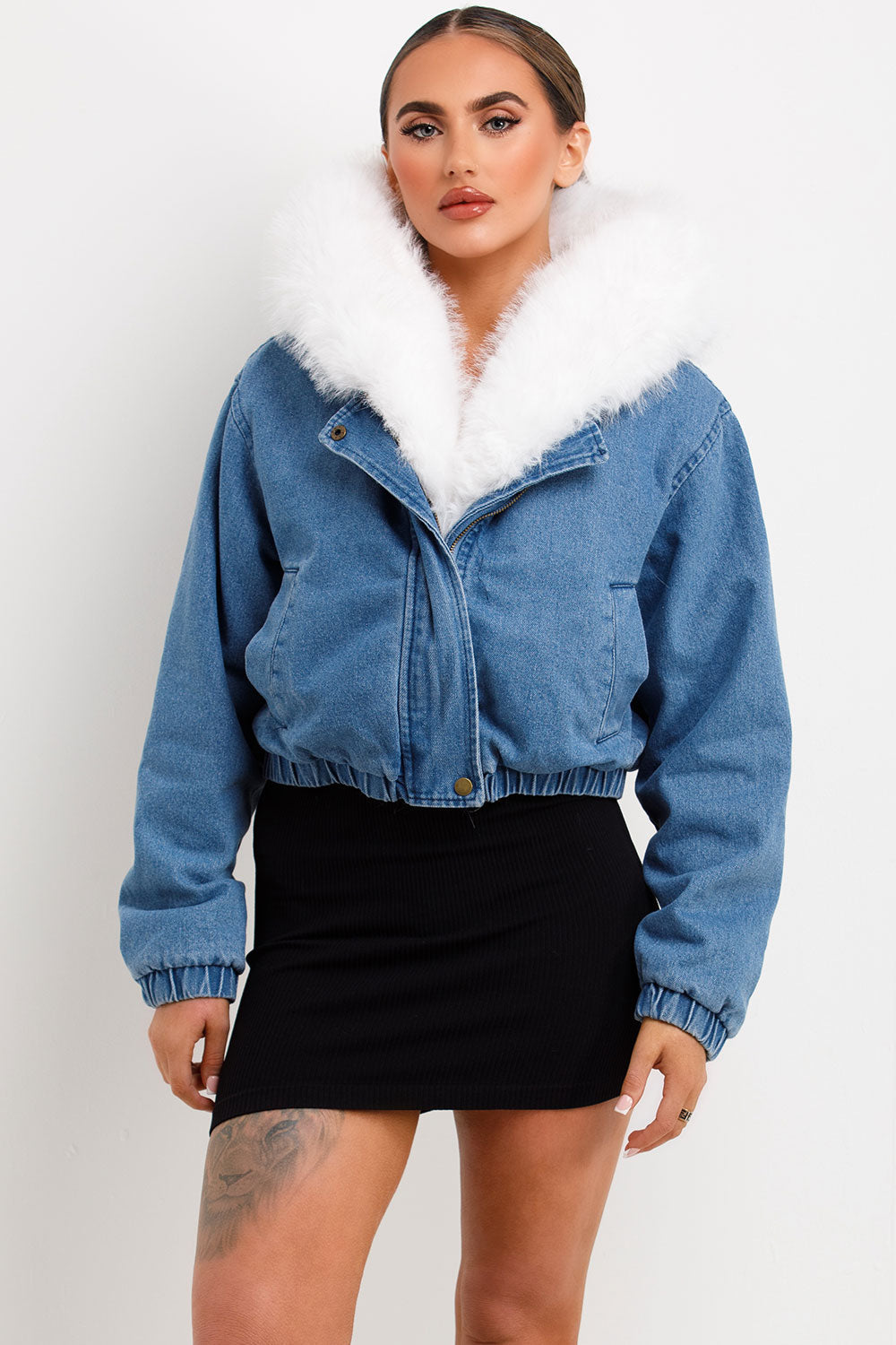 Denim Bomber Jacket with White Faux Fur Hood and | Xtralitty