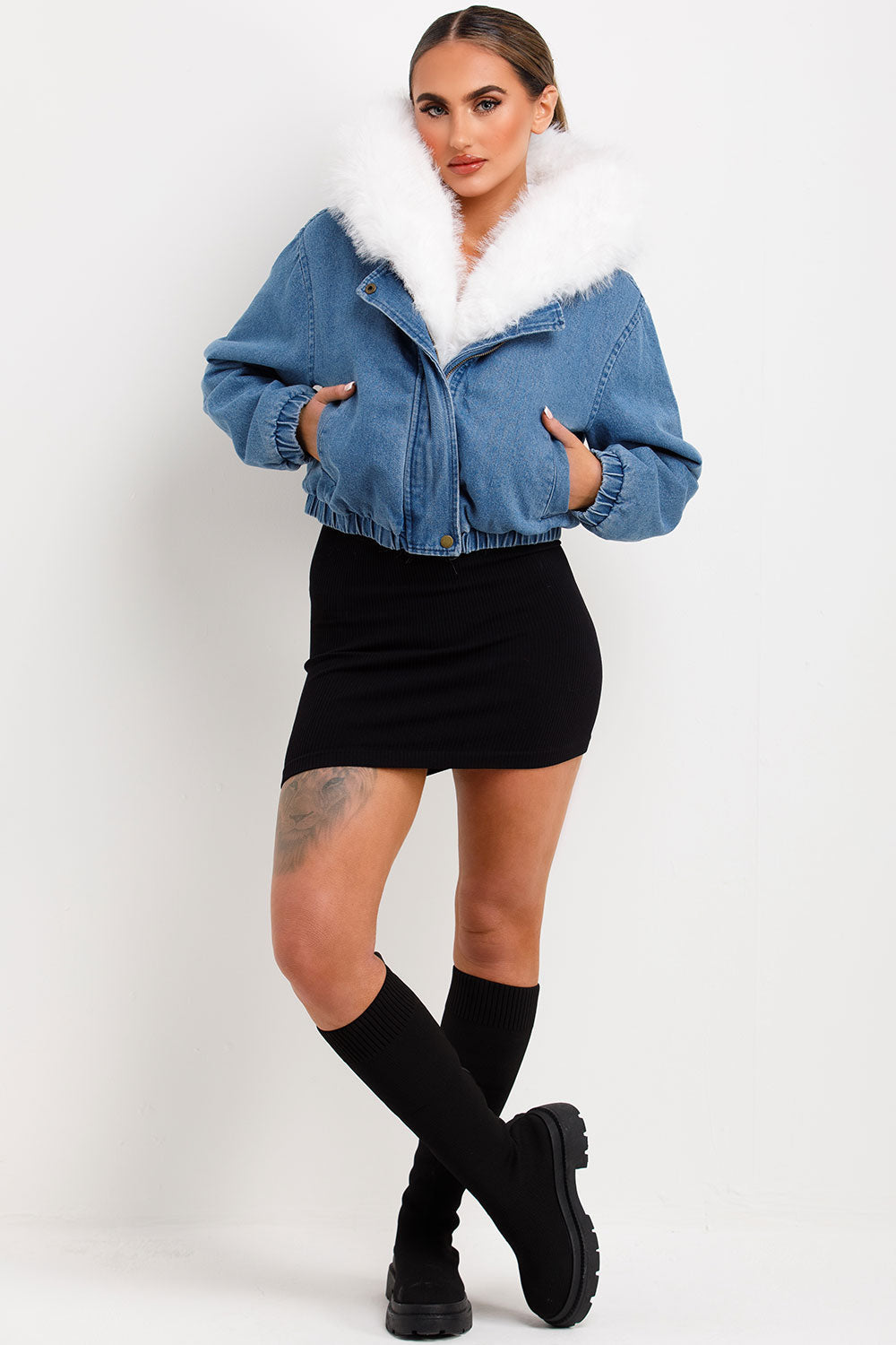 Denim Bomber Jacket with White Faux Fur Hood and | Xtralitty