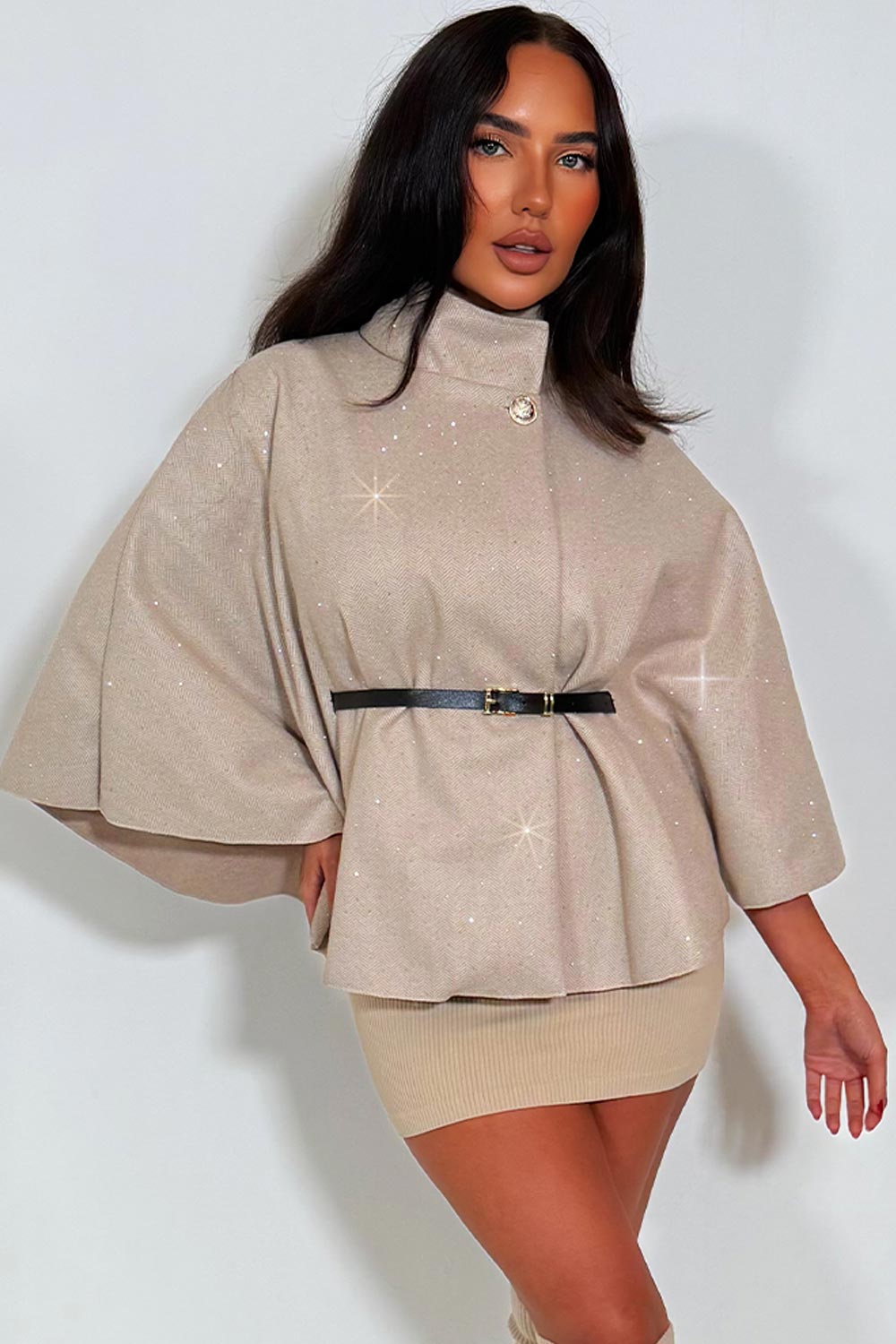 Cape with Diamante Rhinestone Belt Beige | Xtralitty