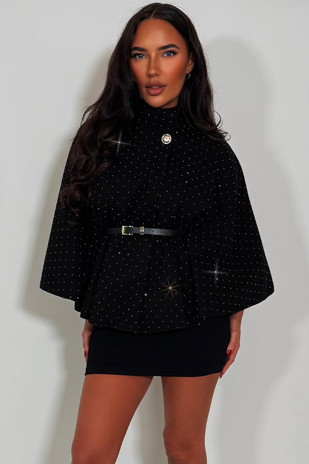 Cape with Diamante Rhinestone Belt Black | Xtralitty