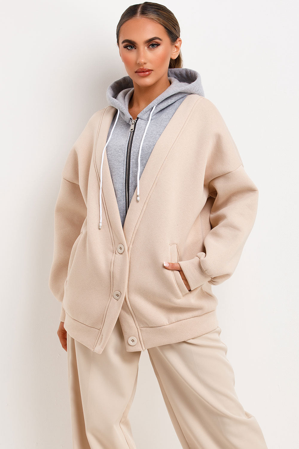 Zip Up Hoodie Cardigan Beige | Xtralitty