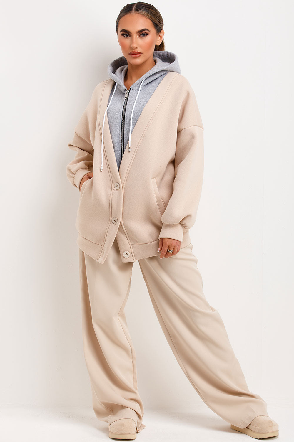 Zip Up Hoodie Cardigan Beige | Xtralitty