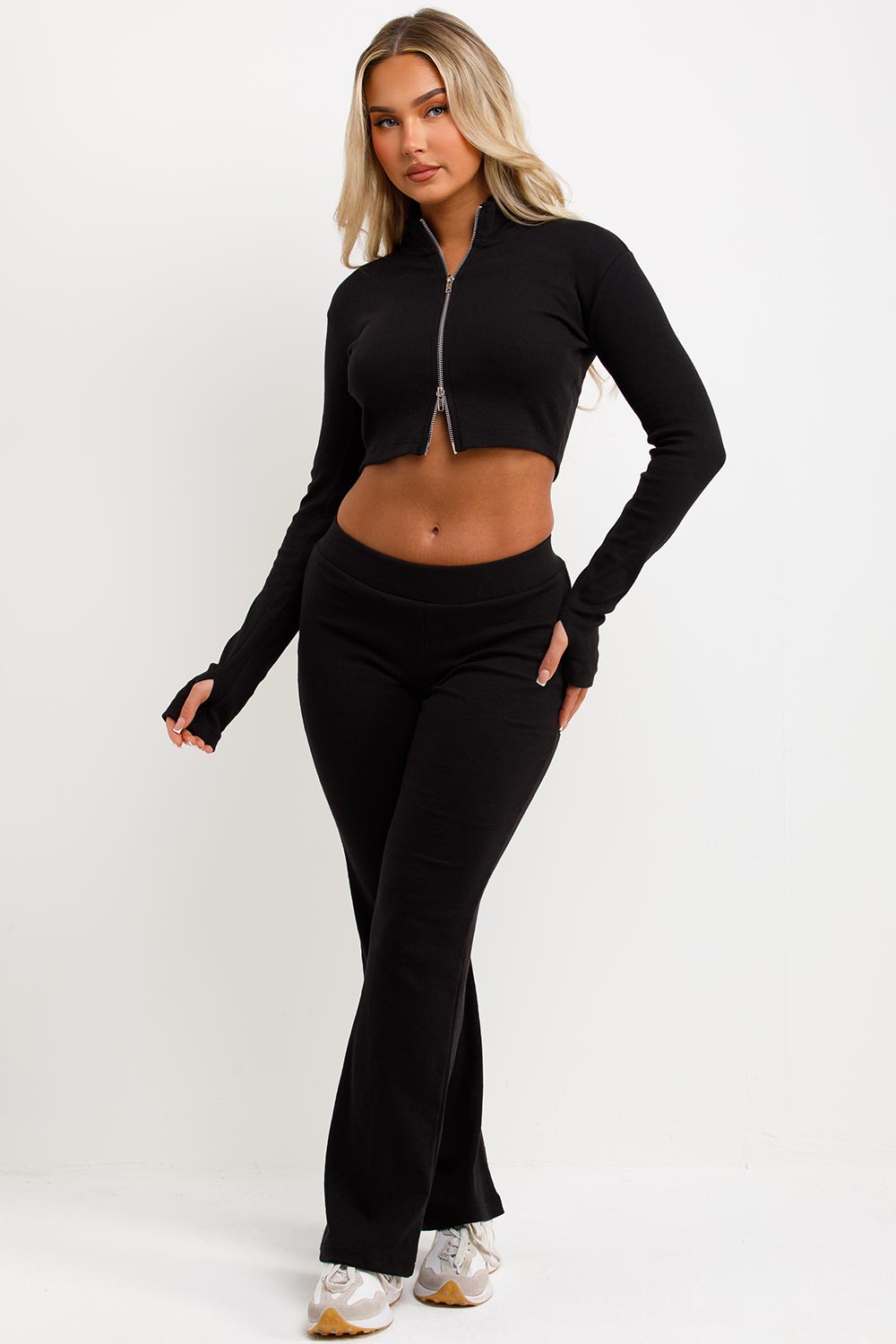 Rib Tracksuit Double Zip Loungewear Set Black | Xtralitty