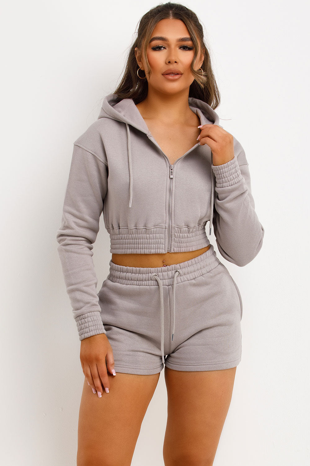 Crop Zip Hoodie and Shorts Tracksuit Set Dove Gr | Xtralitty