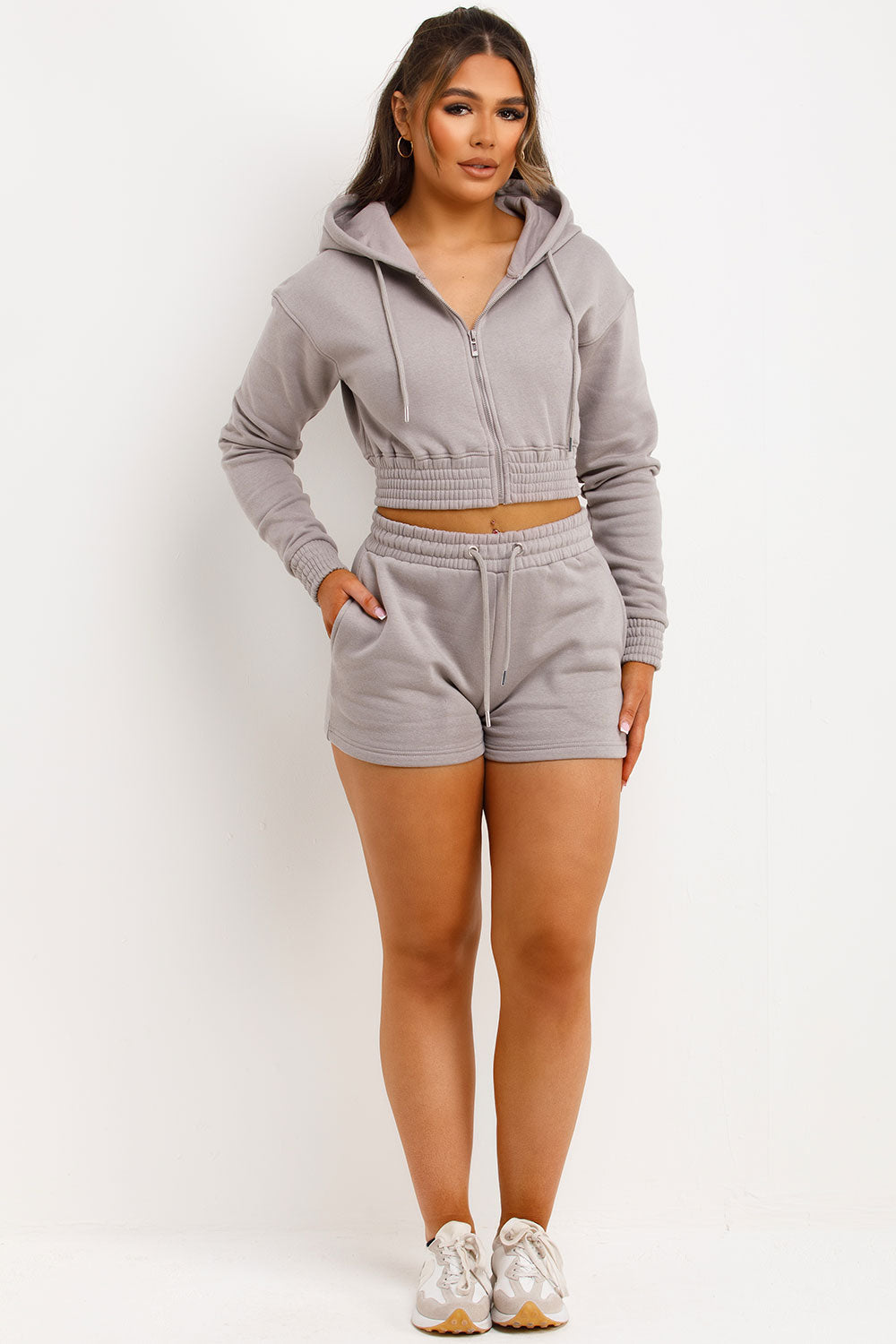 Crop Zip Hoodie and Shorts Tracksuit Set Dove Gr | Xtralitty