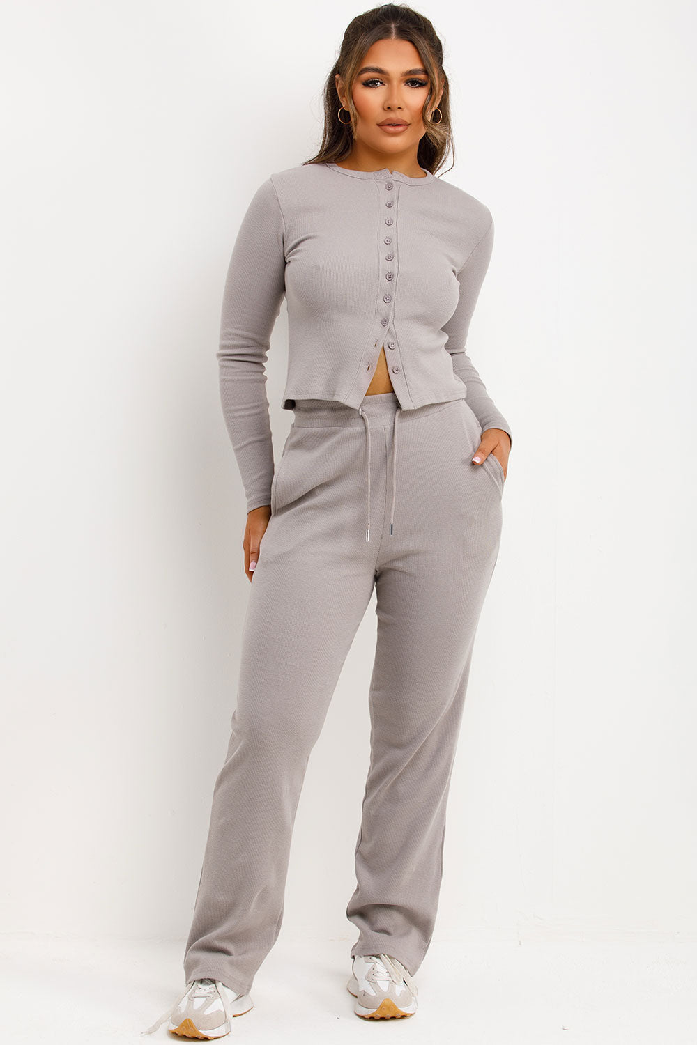 Rib Button Up Long Sleeve Top and Trouser Lounge | Xtralitty