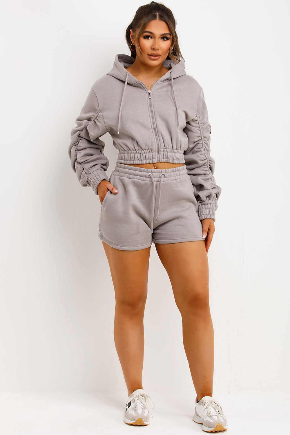 Ruched Crop Zip Hoodie and Shorts Tracksuit Set | Xtralitty