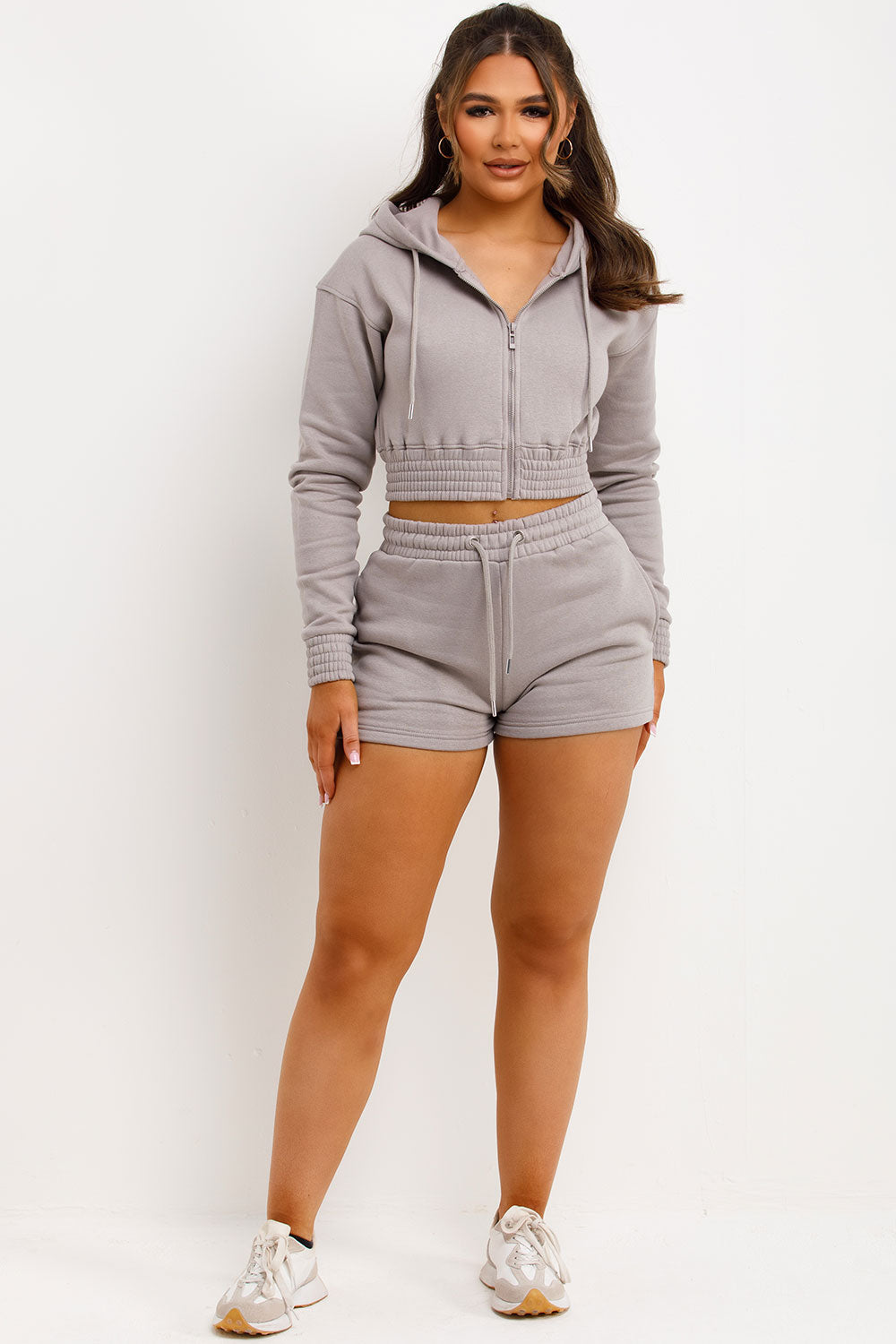 Crop Zip Hoodie and Shorts Tracksuit Set Dove Gr | Xtralitty