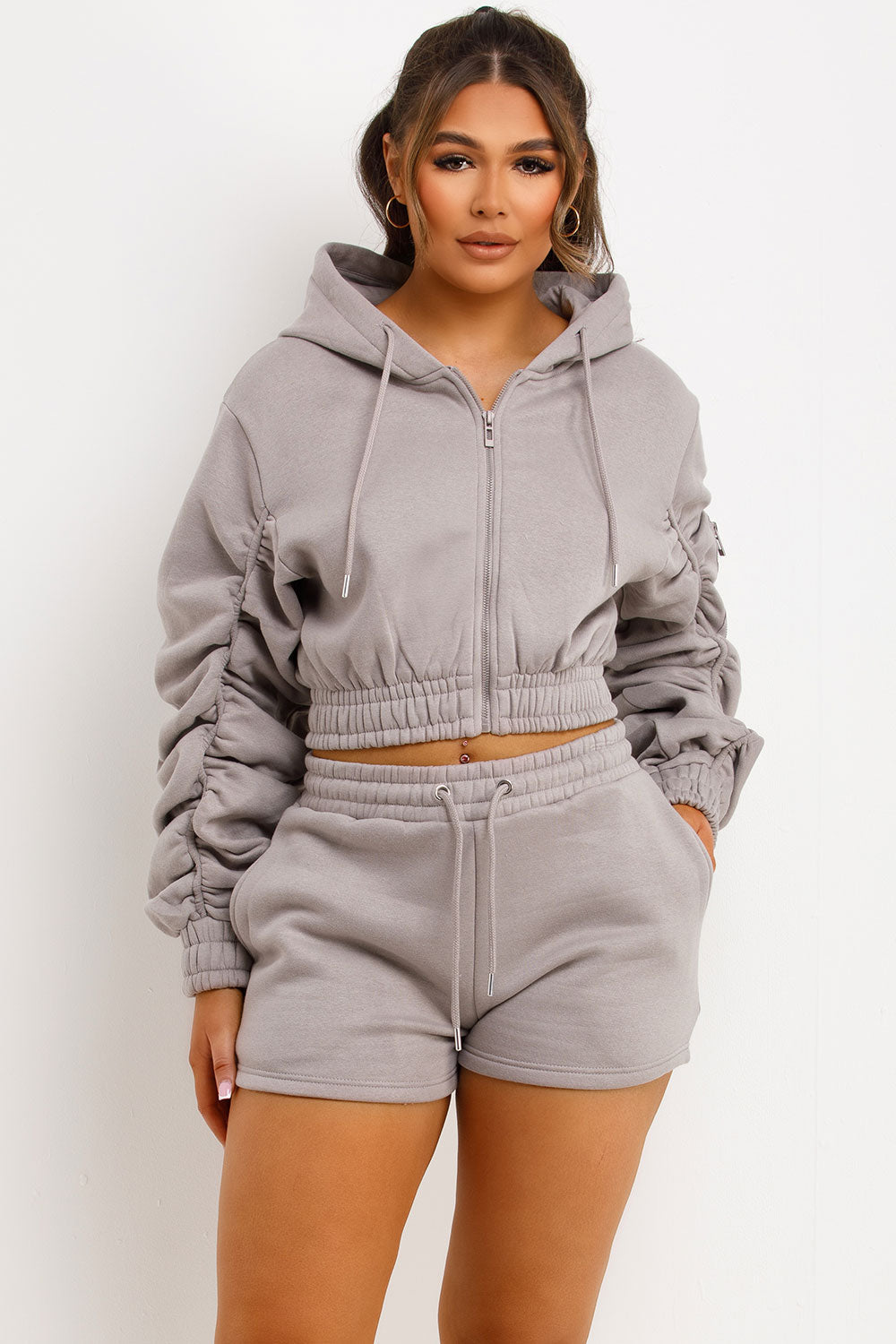 Ruched Crop Zip Hoodie and Shorts Tracksuit Set | Xtralitty