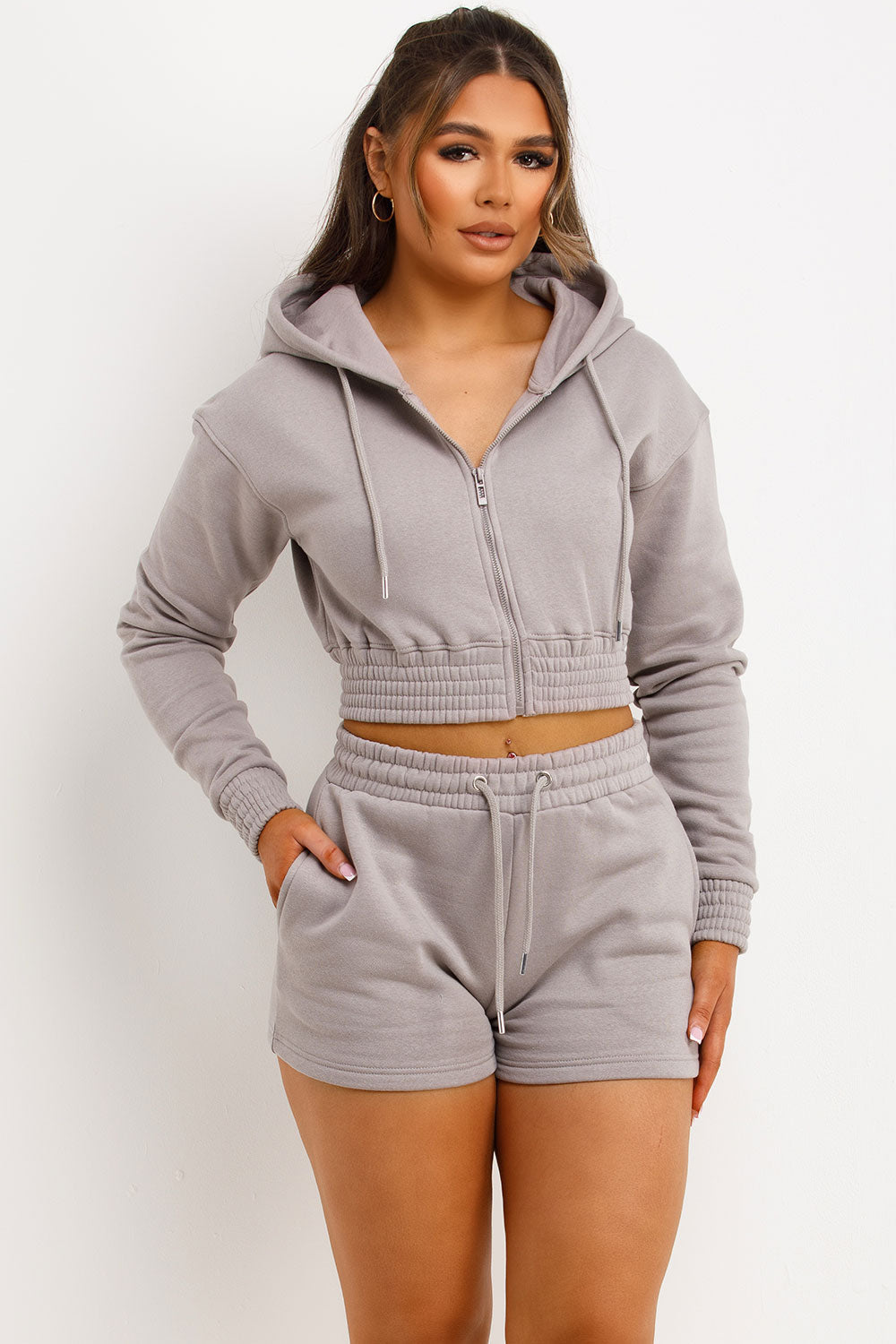 Crop Zip Hoodie and Shorts Tracksuit Set Dove Gr | Xtralitty