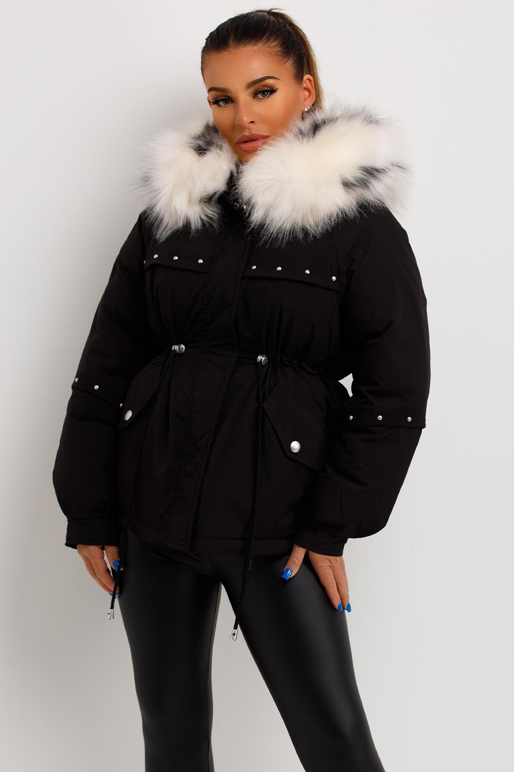 Black Coat with Faux Fur Hood and Drawstring Wai | Xtralitty