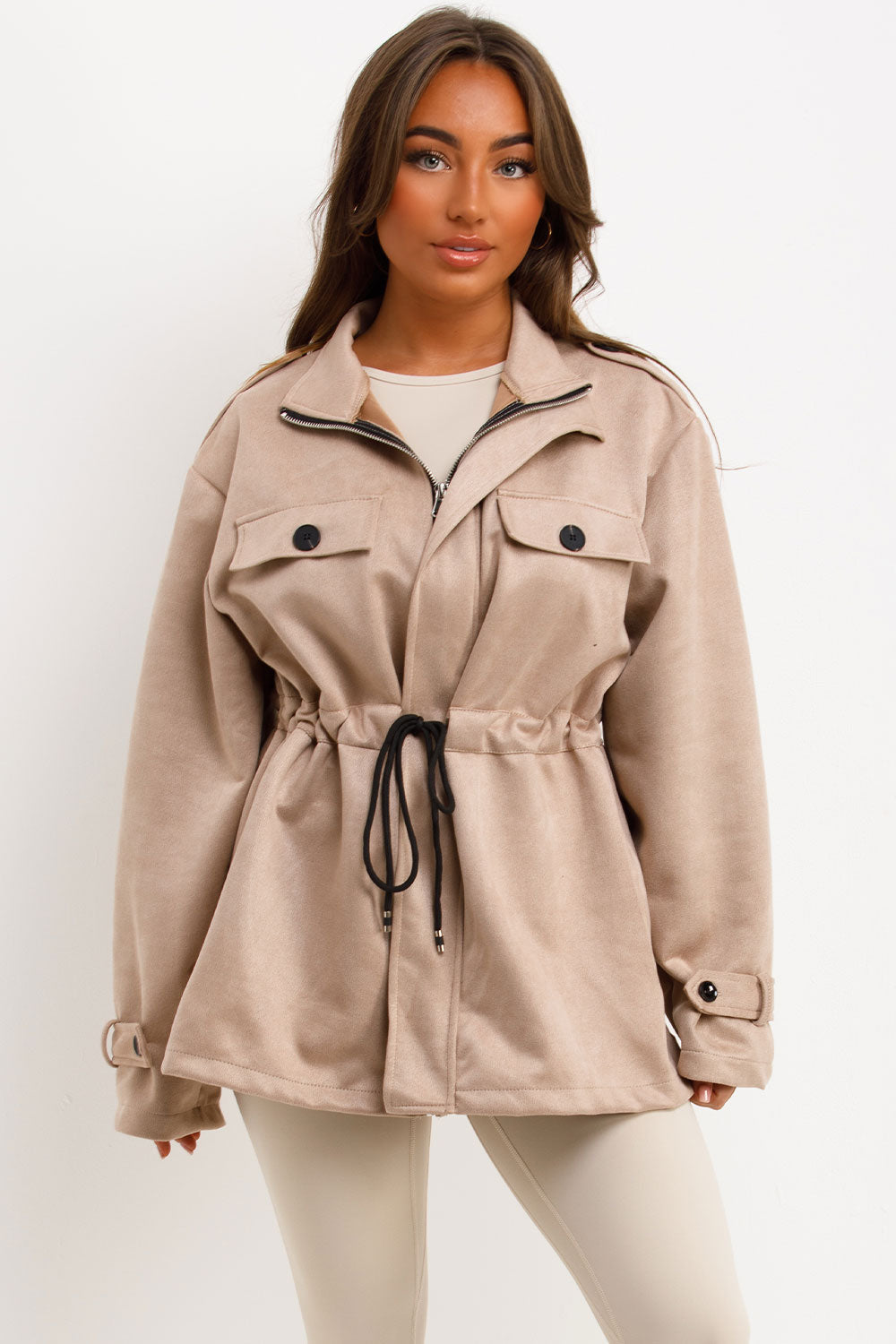 Faux Suede Jacket with Drawstring Waist Beige | Xtralitty