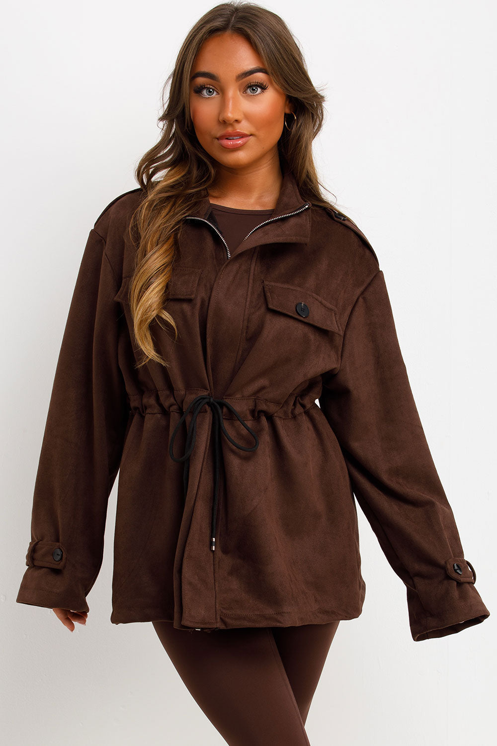 Faux Suede Jacket with Drawstring Waist Brown | Xtralitty