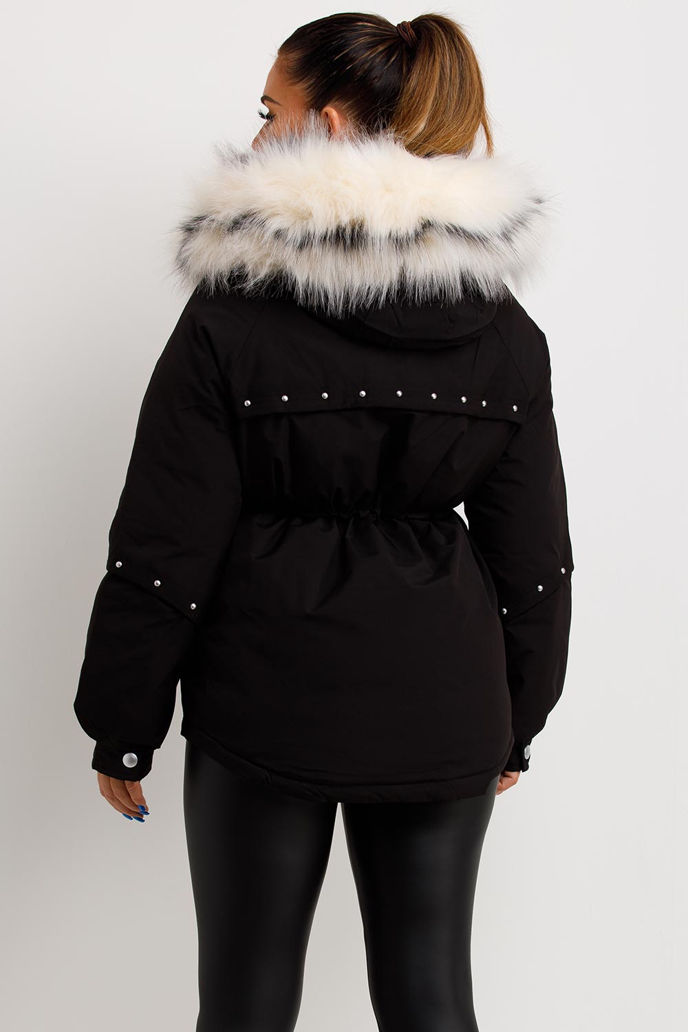 Black Coat with Faux Fur Hood and Drawstring Wai | Xtralitty