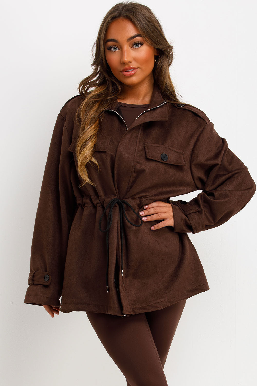 Faux Suede Jacket with Drawstring Waist Brown | Xtralitty