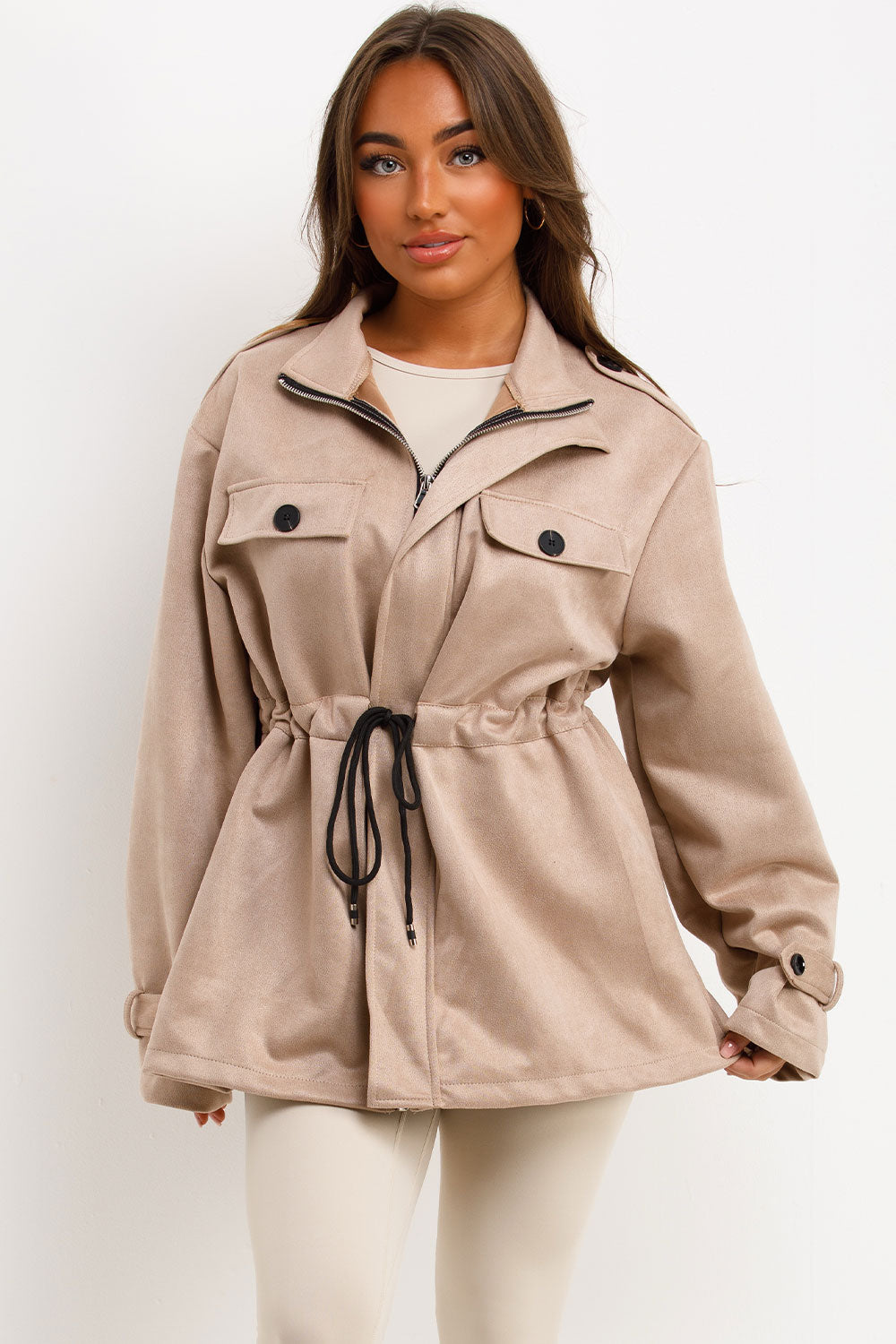 Faux Suede Jacket with Drawstring Waist Beige | Xtralitty