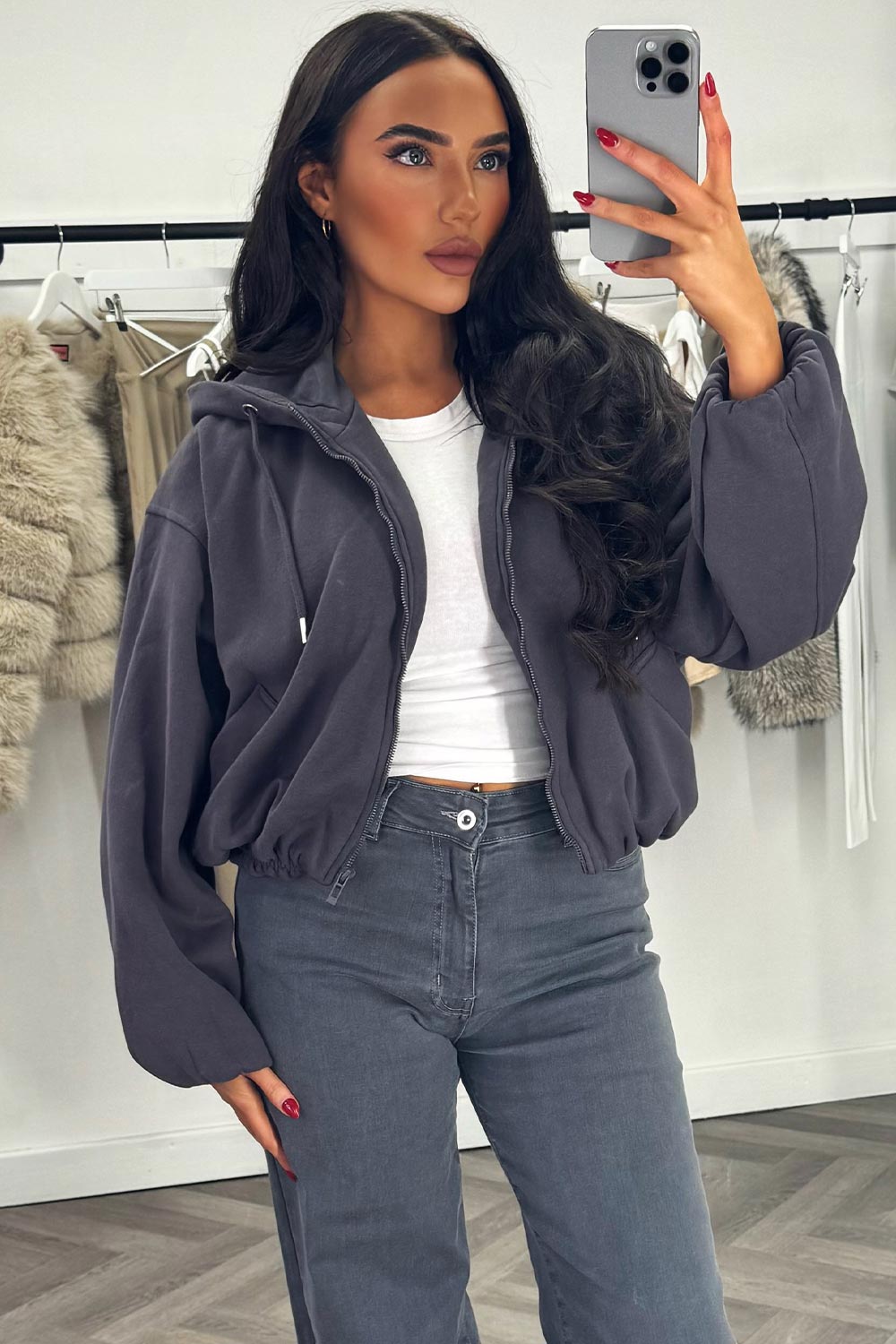 Hooded Jacket with Elastic Hem Charcoal | Xtralitty