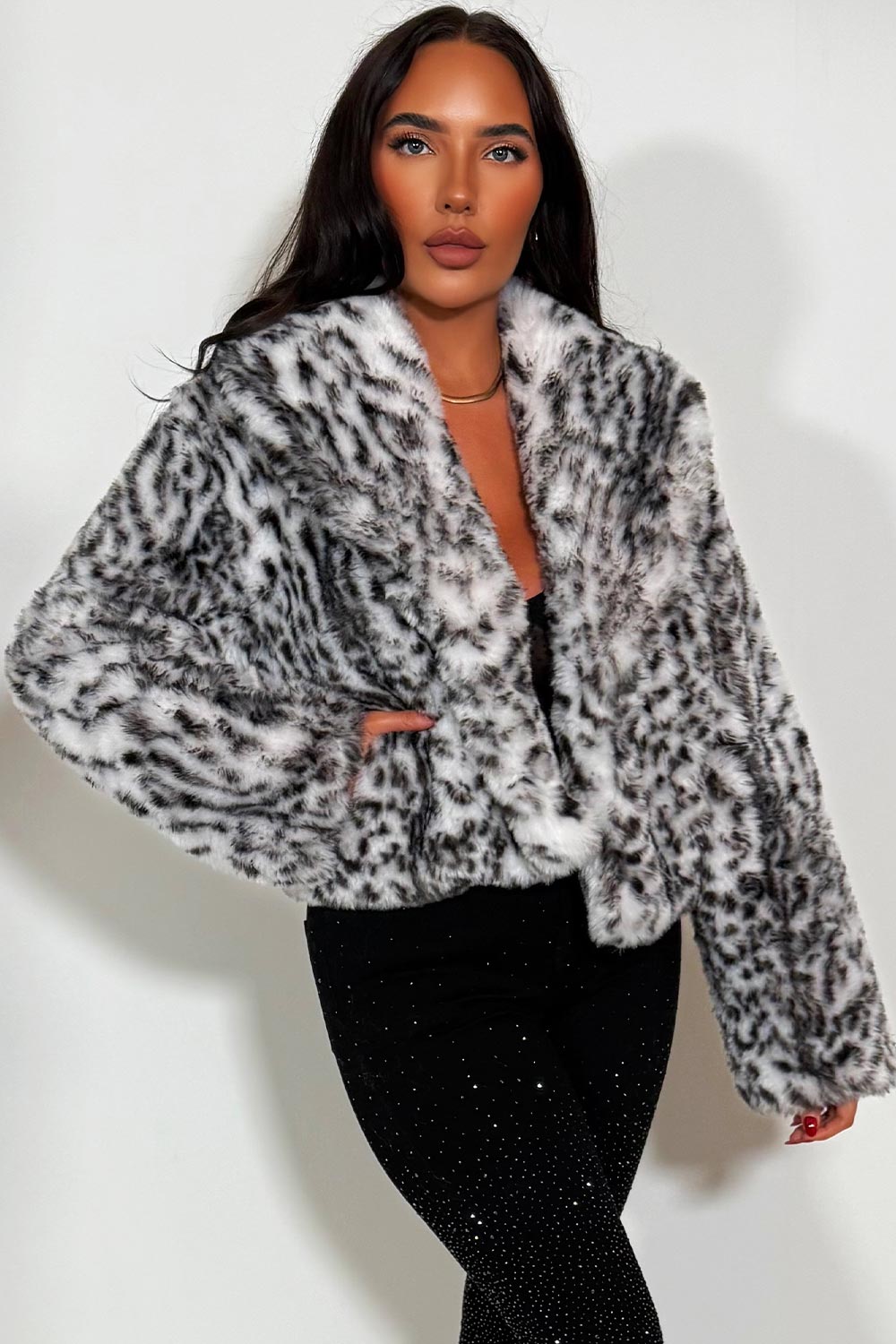 Shorts Faux Fur Jacket in White Leopard Print | Xtralitty