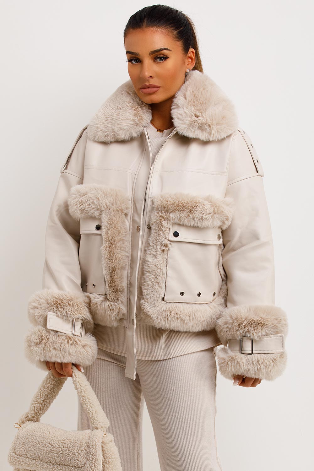 Faux Fur Trim Faux Leather Jacket Beige | Xtralitty