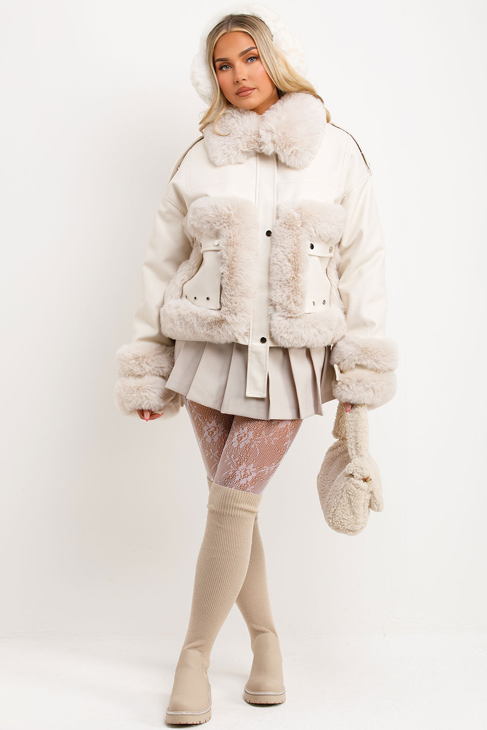 Faux Fur Trim Faux Leather Jacket Beige | Xtralitty