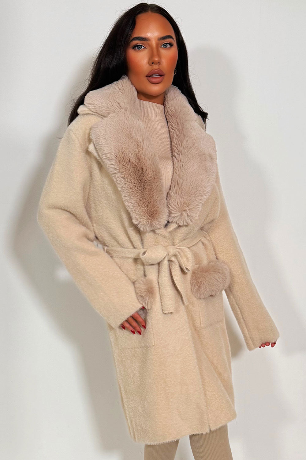 Faux Fur Collar Belted Coat with Faux Fur Cuff B | Xtralitty