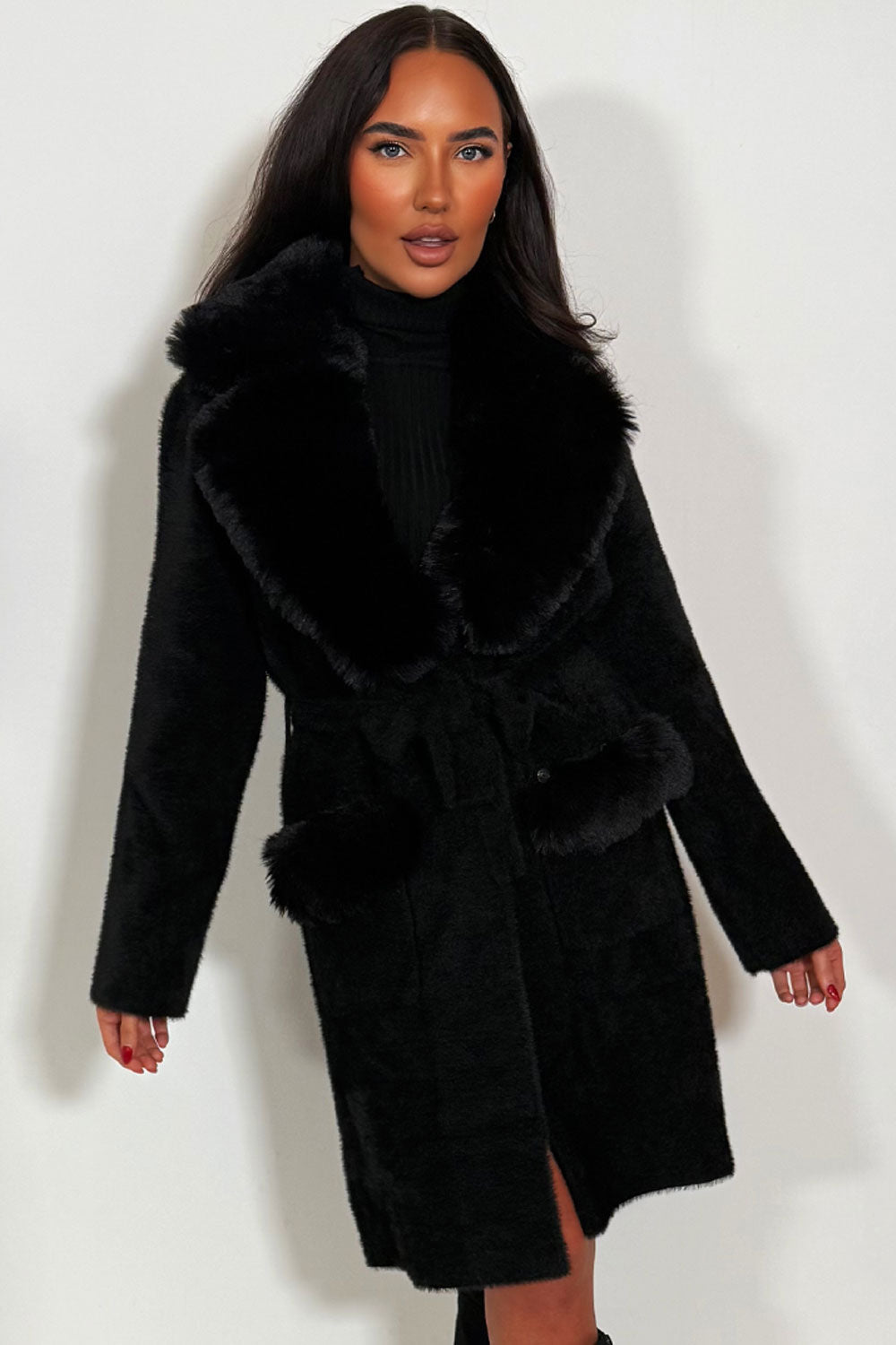 Faux Fur Collar Belted Coat with Faux Fur Cuff B | Xtralitty