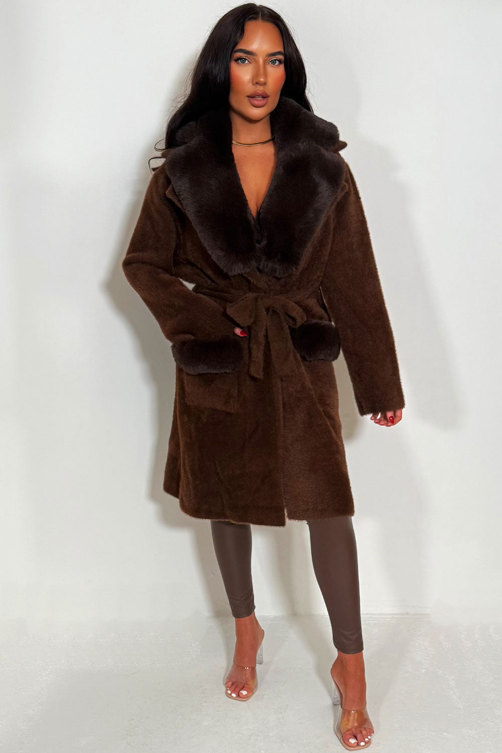 Faux Fur Collar Belted Coat with Faux Fur Cuff B | Xtralitty