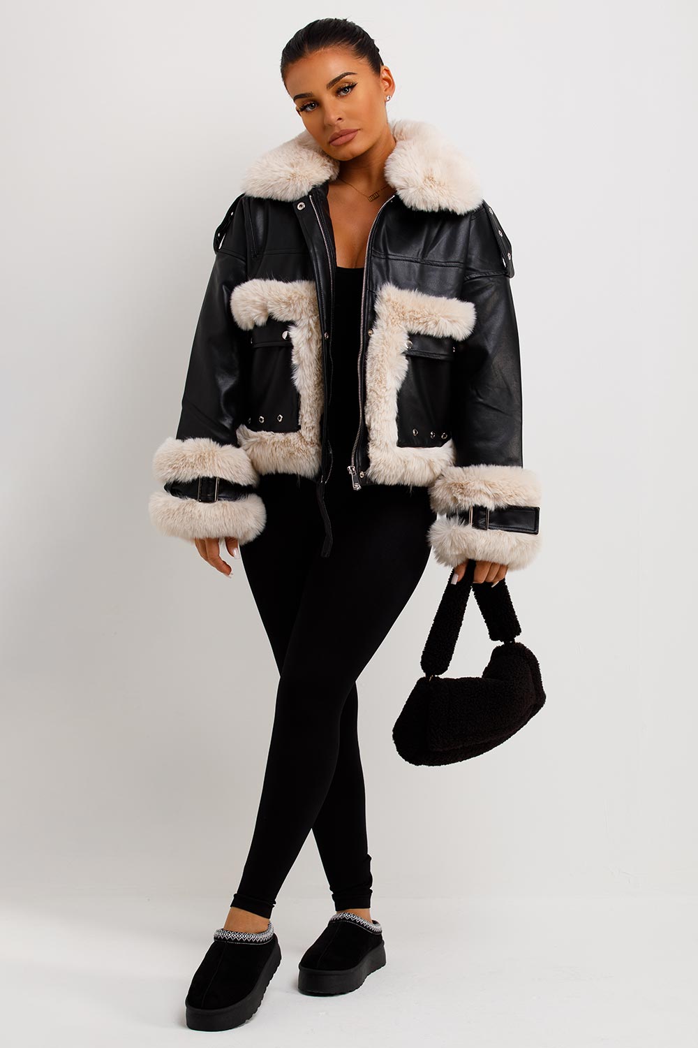 Faux Fur Trim Faux Leather Jacket Black | Xtralitty