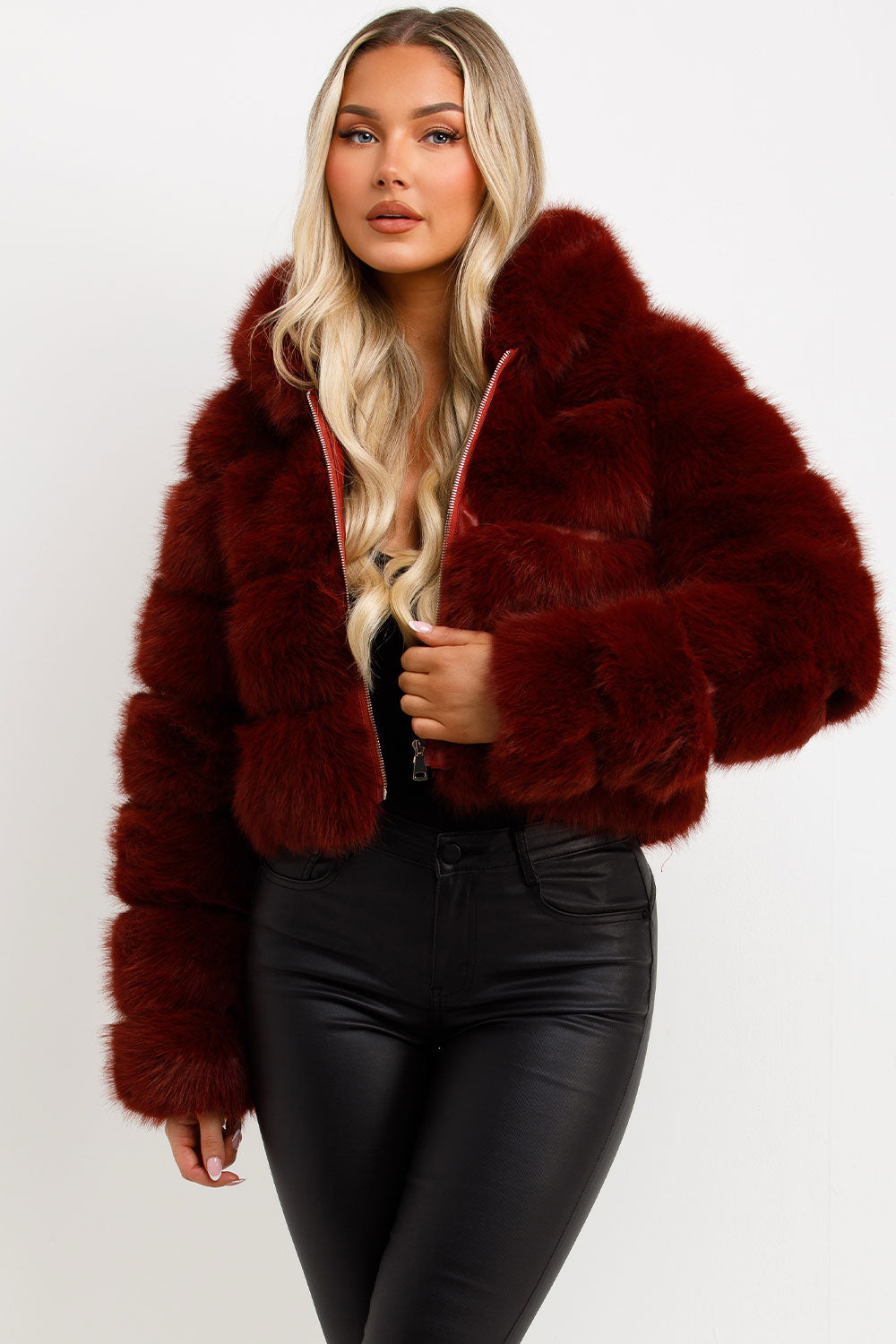 Faux Fur Coat with Hood Burgundy | Xtralitty
