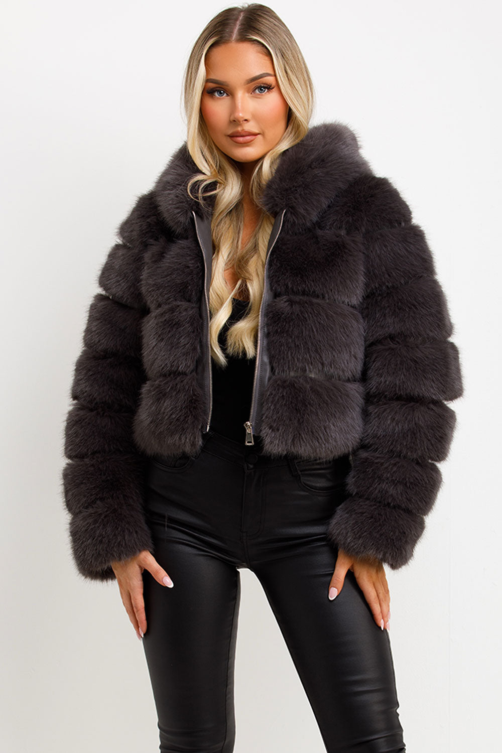 Faux Fur Coat with Hood Charcoal | Xtralitty