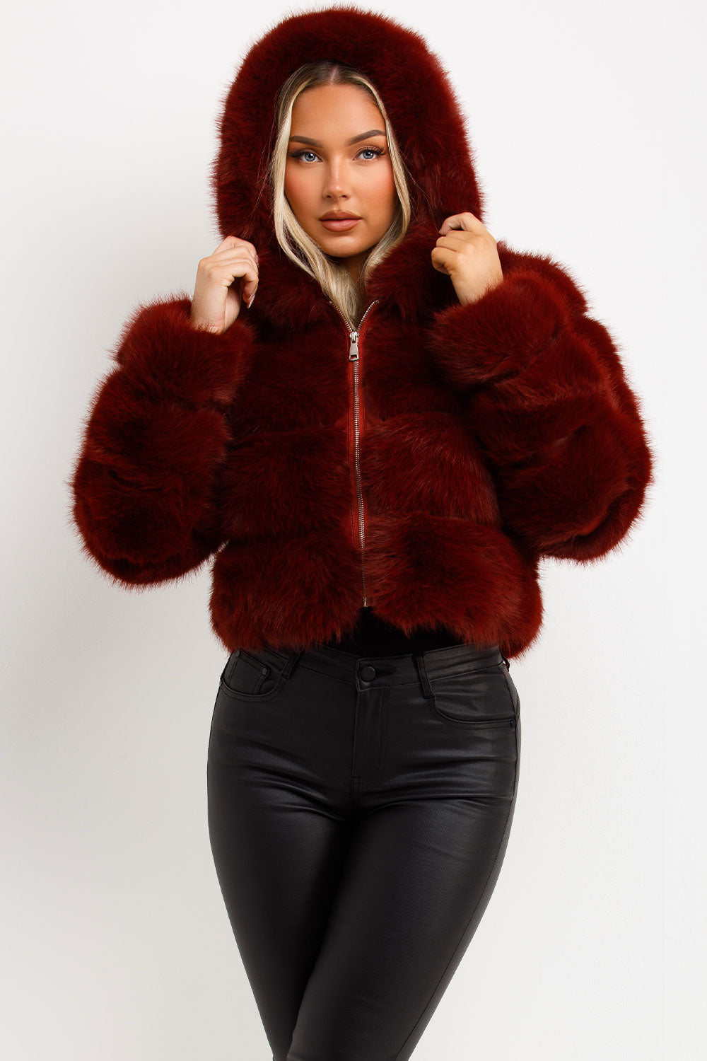 Faux Fur Coat with Hood Burgundy | Xtralitty