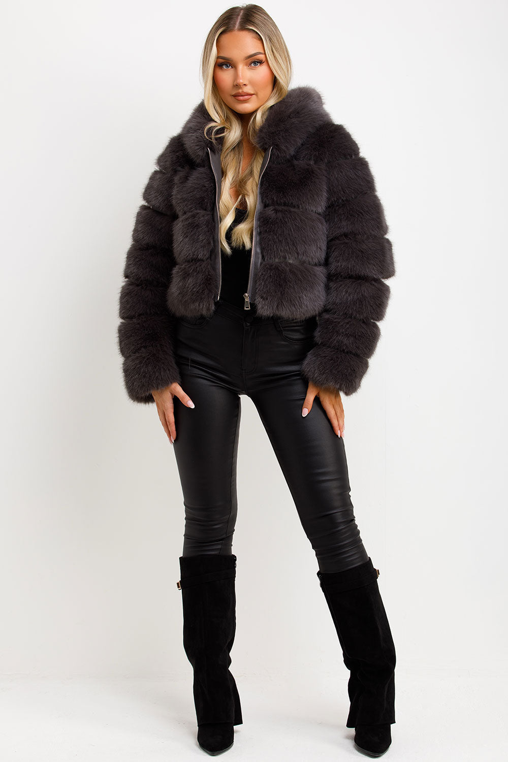 Faux Fur Coat with Hood Charcoal | Xtralitty