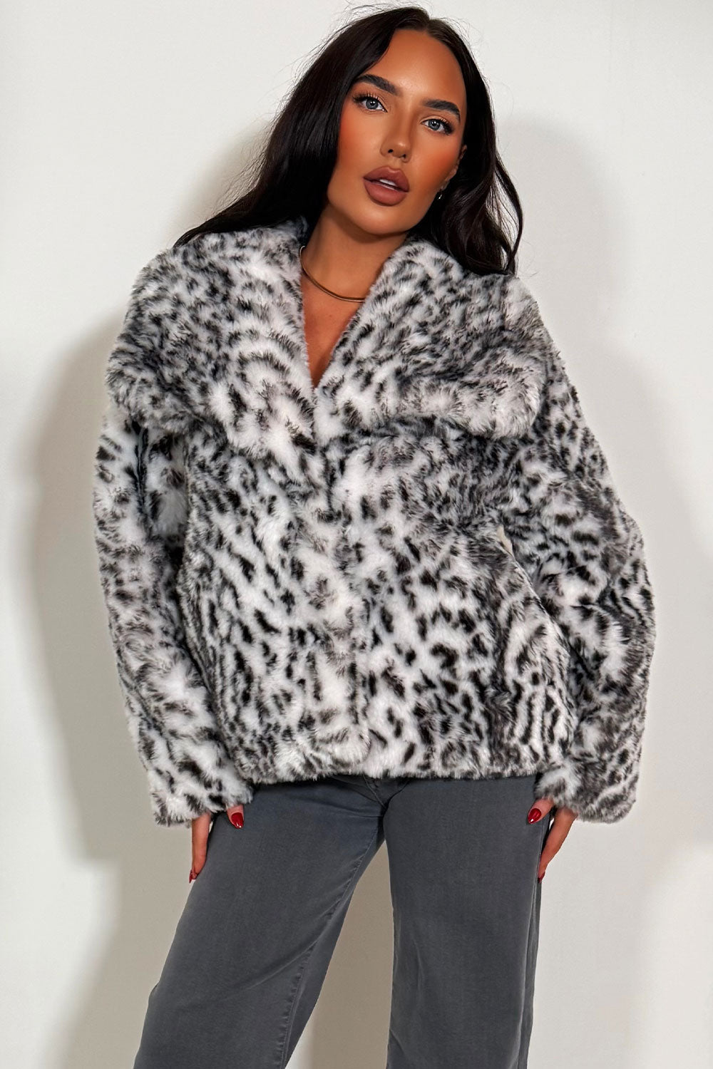 Faux Fur Jacket in White Leopard Print | Xtralitty